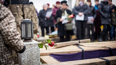 Eine Gruppe von Menschen steht vor einem offenen Grab bei einer Trauerfeier, im Vordergrund hält ein Kind eine rote Rose. | Bild: stock.adobe.com/mdennah