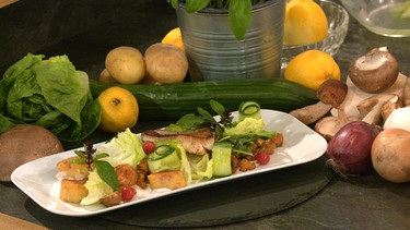 Zander mit Schwammerlsalat und Sauerkrauttaler auf einem Teller serviert.  | Bild: BR