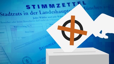 Illustration: Zettel mit Wahlkreuz vor stilisiertem Rathaus und Rautenhintergrund | Bild: BR