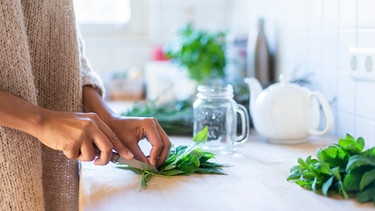 Frau schneidet Giersch für einen Salat und einen Tee | Bild: mauritius images / Westend61 / Annika List